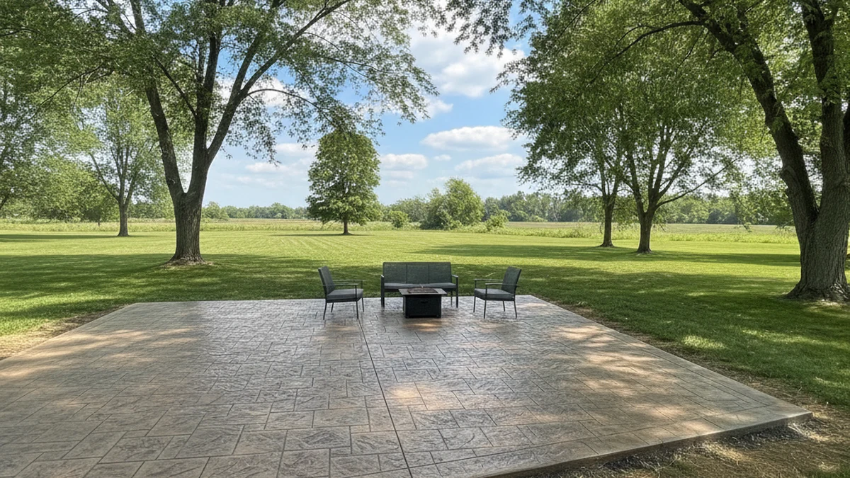 Stamped concrete patio rural property Bristol Wisconsin Kenosha County acreage outdoor living