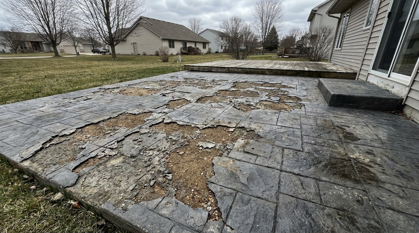 Freeze-thaw damage on stamped concrete patio in Kenosha Wisconsin Kenosha County scaling pattern destroyed air entrainment failure