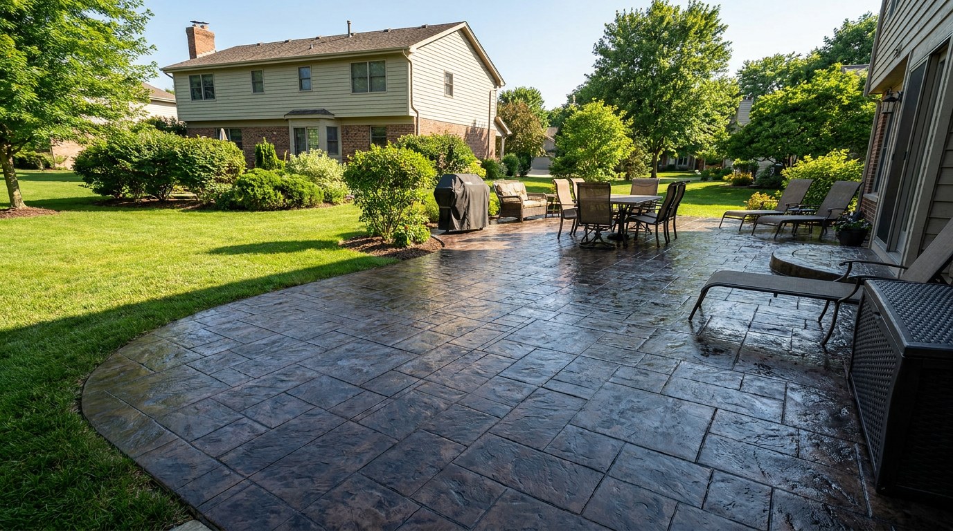 Completed stamped concrete patio in Kenosha Wisconsin Kenosha County cobblestone pattern air-entrained sealed freeze-thaw resistant