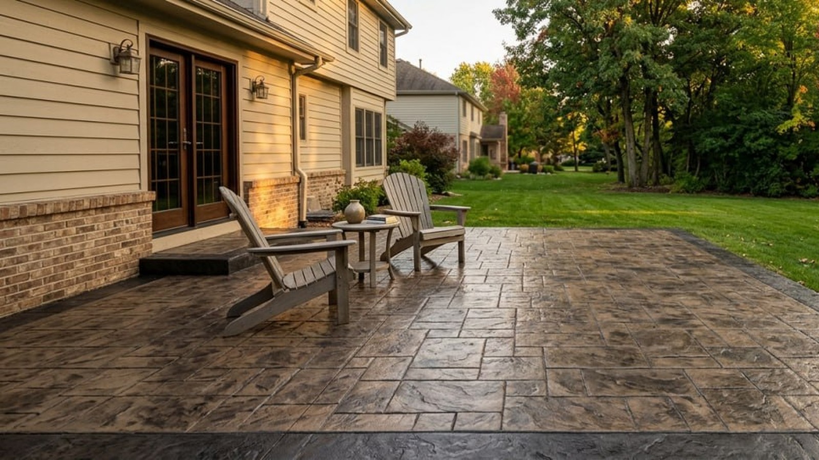 Stamped concrete patio installation in Kenosha Wisconsin Kenosha County residential backyard