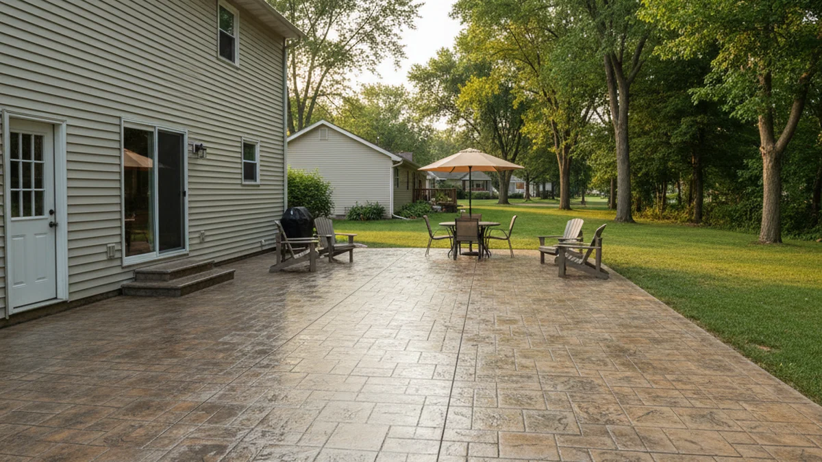 Stamped concrete patio installation Kenosha Wisconsin Kenosha County ashlar slate pattern air-entrained sealed Matt