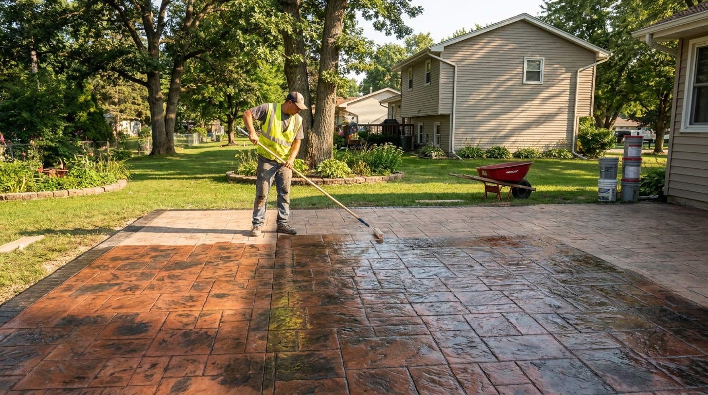 Stamped concrete sealing in Kenosha Wisconsin residential patio freeze-thaw protection maintenance schedule