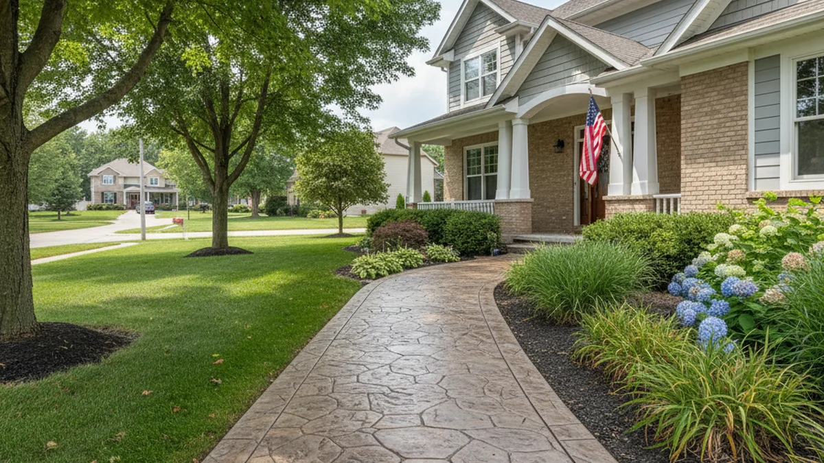 Stamped concrete walkway entry path Kenosha Wisconsin Kenosha County flagstone pattern residential