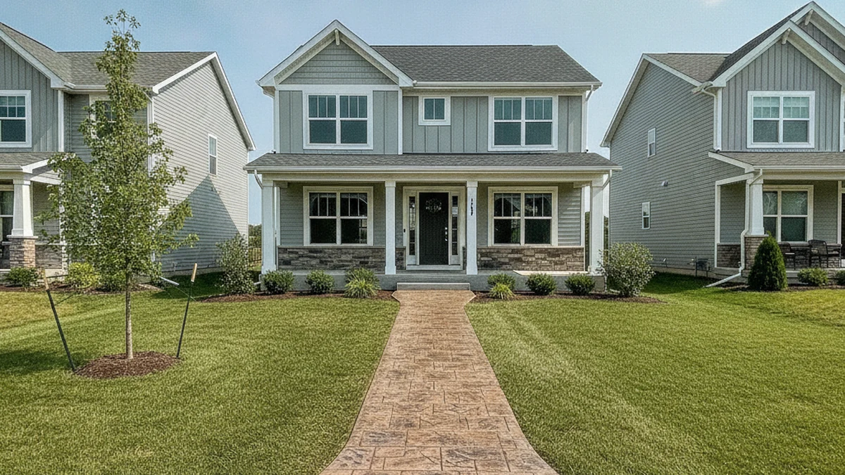 Stamped concrete front walkway Pleasant Prairie Wisconsin Kenosha County newer subdivision HOA residential